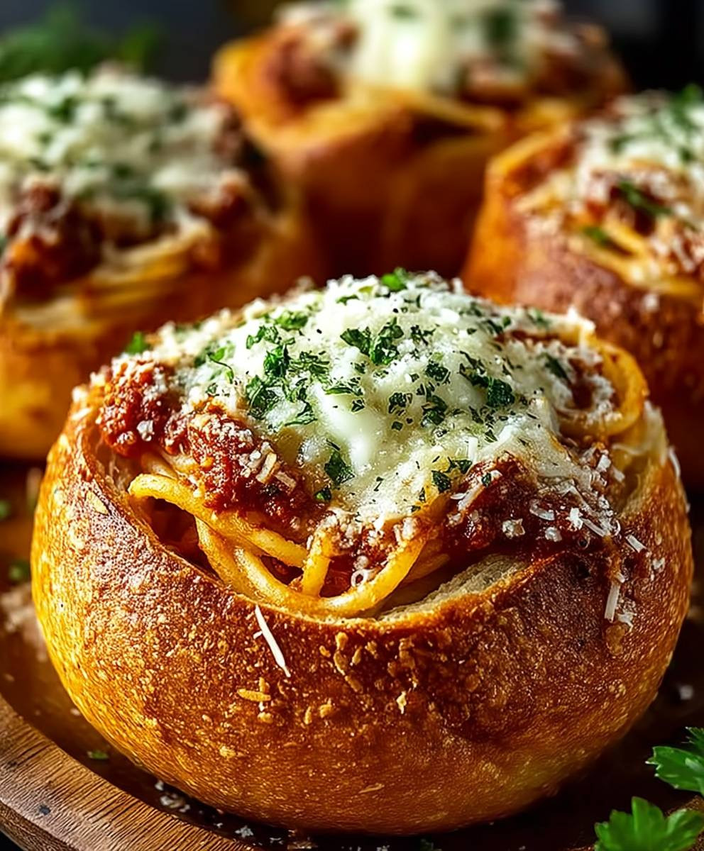 Spaghetti Garlic Bread Bowls